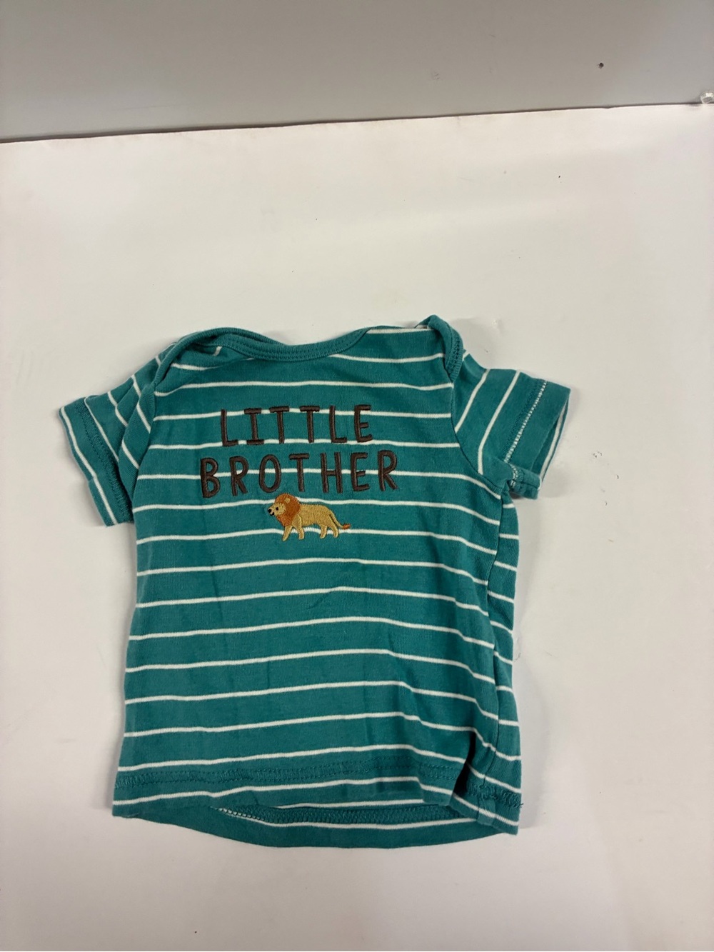 child of mine Teal and White Striped "Little Brother" Tee with Lion Applique